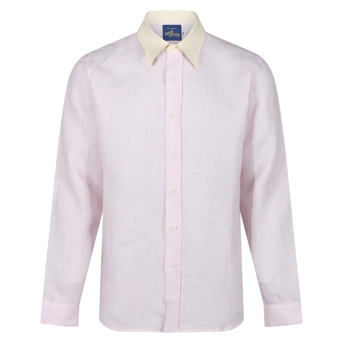 LINEN SHIRT SPEAR POINT  COLLAR - PINK & WHITE STRIPE